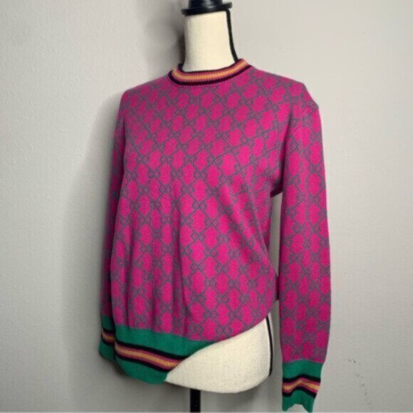 Vibrant Pink Geometric Pattern Sweater with Green Accents and Striped Trim - Picture 6 of 11